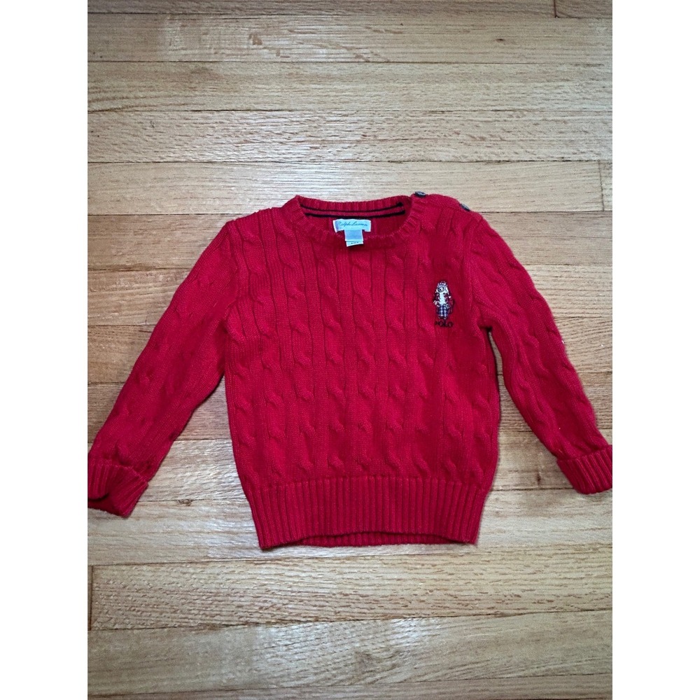 Polo Ralph Lauren Toddler Red Cable Knit Polo Bear Sweater 24M Cotton